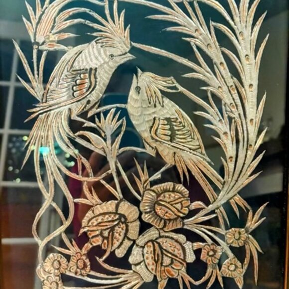 Vintage Middle Eastern Artwork Silver Metal Wire Design on Black 14x18 - Picture 2 of 4